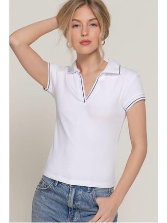 ACTIVE BASIC - Short Sleeve Line Detail Polo Rib Knit Top WHITE