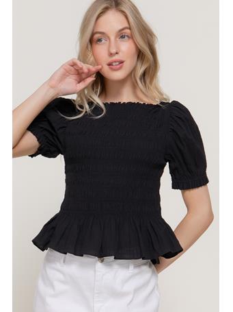 ACTIVE BASIC - Short Puff Sleeve Smocked Detail Woven Top BLACK