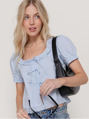 ACTIVE BASIC - Short Sleeve Eyelet Lace Trim Blouse Blue