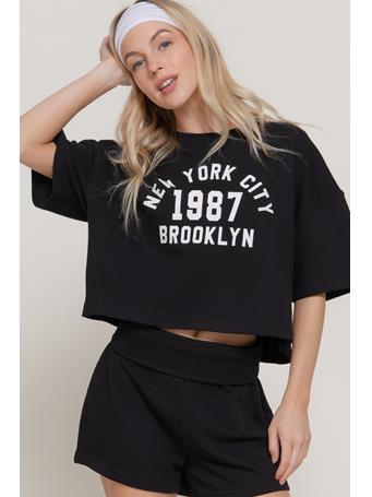 ACTIVE BASIC - Short Sleeve Side Rib Print Sweatshirt BLACK