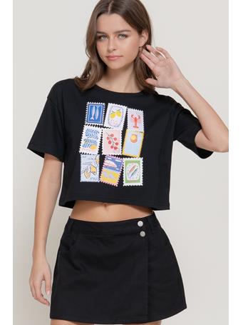 ACTIVE BASIC - Short Sleeve Graphic Knit Crop Top BLACK