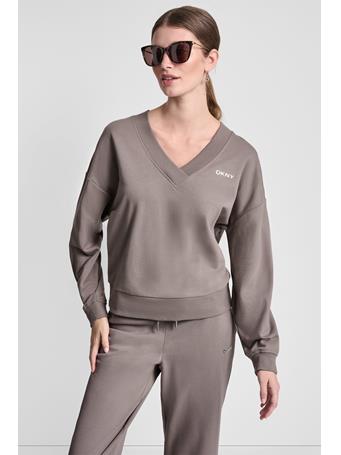 DKNY - Metallic Bubble Logo V-Neck Pullover MUR - MUSHROOM