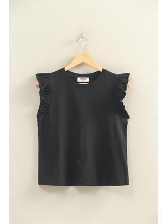 DOUBLE ZERO - Ruffle Cap Sleeve Crew Neck Top BLACK