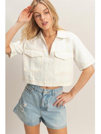 HYFIVE - Denim V-neck Cropped Top WHITE
