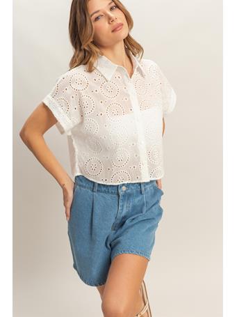 HYFIVE - Eyelet Cropped Button-Up Shirt OFF WHITE