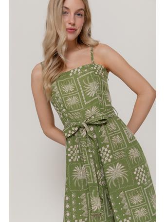 ACTIVE BASIC - Adjustable Strap Print Linen Effect Jumpsuit OLIVE/TAUPE