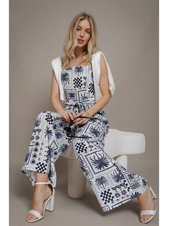 ACTIVE BASIC - Adjustable Strap Print Linen Effect Jumpsuit IVORY/NAVY