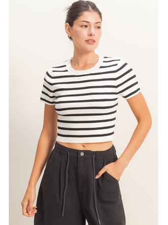 DOUBLE ZERO - Striped And Knit Crew Neck Crop Top BLACK