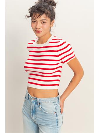 DOUBLE ZERO - Striped And Knit Crew Neck Crop Top RED