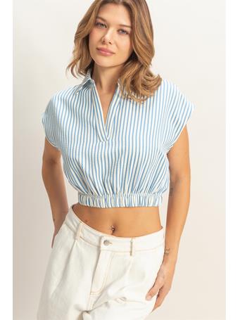 HYFIVE - Striped Split Neck Crop Top BLUE
