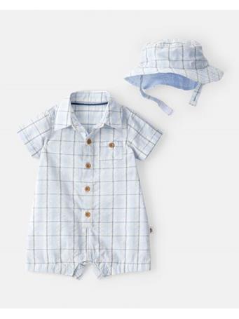 CARTERS - Baby Boy 2-Piece Plaid Romper & Hat Set BLUE