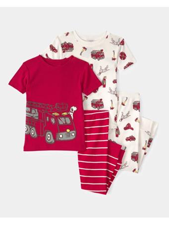 CARTERS - Toddler Boy Firetruck Striped 100% Cotton Snug Fit 4-Piece Pajama Set RED