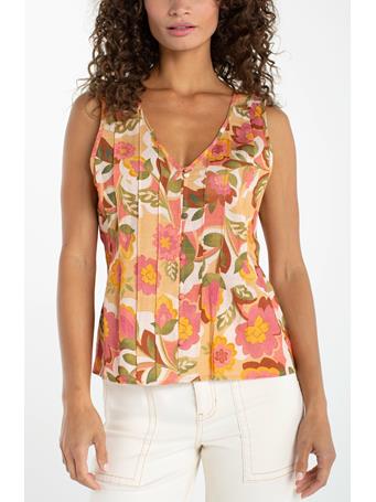 LIVERPOOL - Sleeveless V-neck Woven Top with Pintucks TAN FLORAL MLT