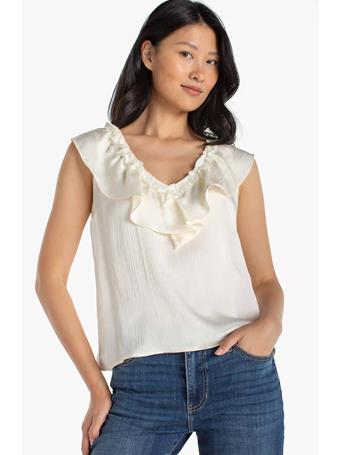 LIVERPOOL - Ruffle Front Sleeveless Woven-to-knit Top FRCH VANILLA