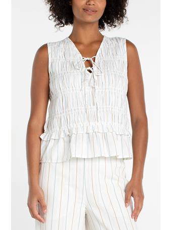 LIVERPOOL - Sleeveless Tie Front Woven Top CRM/ BLU MLT ST