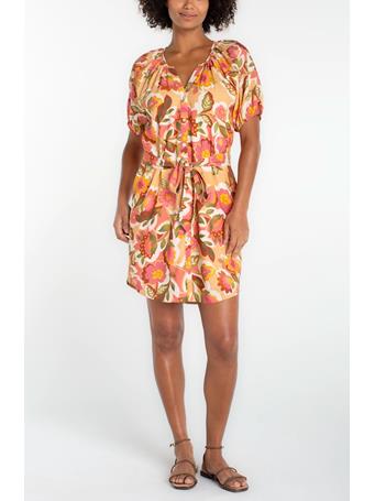 LIVERPOOL - Short Sleeve Shirred Button Front Woven Dress TAN FLORAL MLT