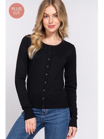 ACTIVE BASIC - Long Sleeve Round Neck Button Down Sweater Cardigan BLACK