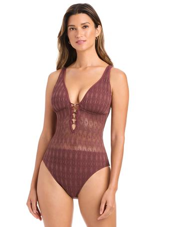 BLEU ROD BEATTIE - Sunkissed Crochet Over The Shoulder Mio One-Piece Swimsuit COFFEE