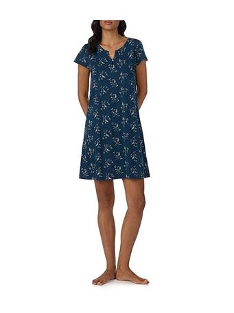RALPH LAUREN - Short Flutter Sleeve Split V-Neck Textured Knit Nightgown NAVY/PRT