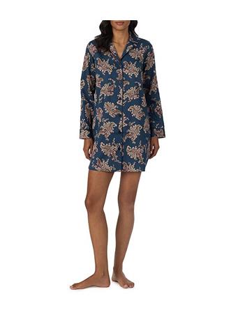 RALPH LAUREN - Paisley Print Long Sleeve Notch Collar Woven Sateen Sleepshirt NAVY PRT
