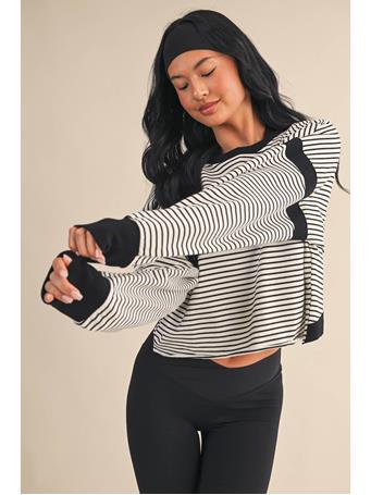 KIMBERLY C SPORT - Striped Cutout Back Layering Sweatshirt BLK/WHT