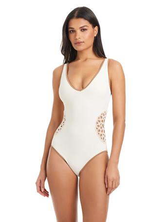 SANCTUARY - Crochet Cutout One Piece Swimsuit WHITE SAND
