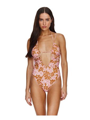 FLIRTT BY GOTTEX - Summer Memories Deep Plunge Cut Out Halter One Piece PNK/BRN
