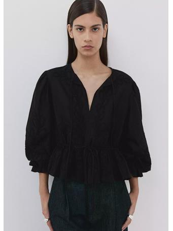 MANGO - Cotton Blouse with Floral Embroideries BLACK