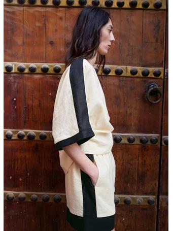 MANGO - Linen Blouse with Contrasting Stripes NATURAL WHITE