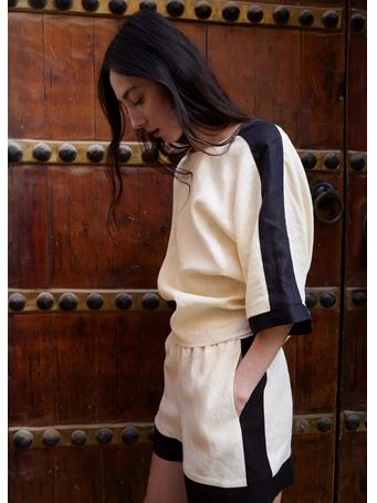 MANGO - Contrast Stripe Linen Shorts NATURAL WHITE