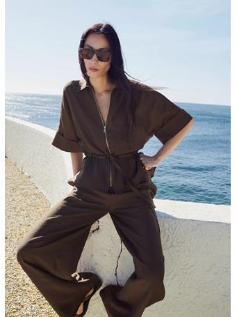 MANGO - Linen Palazzo Trousers DARK BROWN