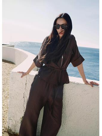 MANGO - Linen Blouse with Belt DARK BROWN