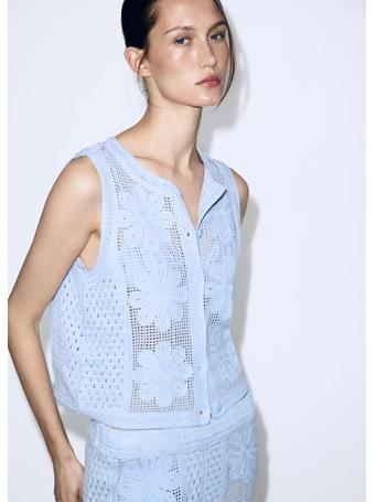 MANGO - Embroidered Openwork Knit Gilet Sky Blue