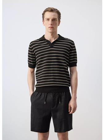 MANGO - Striped Knit Cotton Polo Shirt BLACK