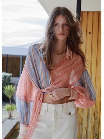 MANGO - Striped Blouse with Tie Fastening MEDIUM BLUE