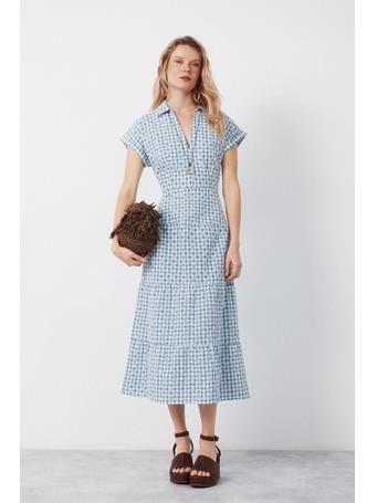 CORTEFIEL - Embroidered Gingham Dress BLUE PRINT