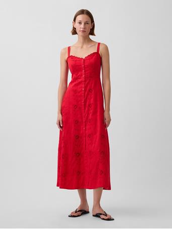 GAP - Linen-Blend Embroidered Cami Maxi Dress PURE RED V2