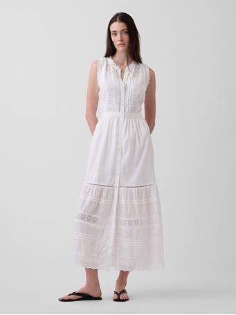 GAP - Lace-Trim Tiered Midi Shirtdress FRESH WHITE