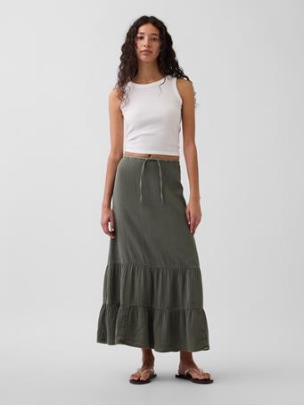 GAP - Cotton Gauze Tiered Easy Maxi Skirt MESCULEN GREEN