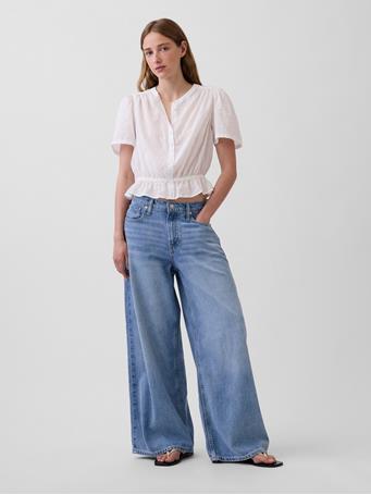 GAP - Button-Front Crop Peplum Top FRESH WHITE