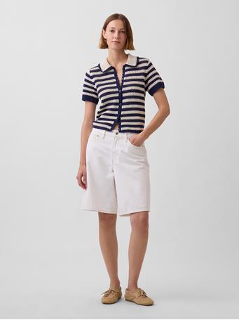 GAP - 100% Cotton Crochet Relaxed Sweater Shirt BLUE CHINO STRIPE