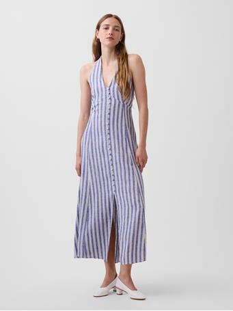 GAP - Linen-Blend Halter Maxi Dress BLUE STRIPE