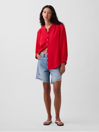 GAP - Cotton Gauze Oversized Collarless Shirt PURE RED V2