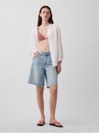 GAP - Cotton Gauze Oversized Collarless Shirt FRESH WHITE