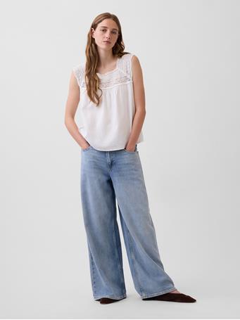 GAP - Linen-Blend Crochet Square-Neck Top NEW OFF WHITE