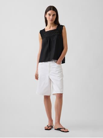 GAP - Linen-Blend Crochet Square-Neck Top BLACK