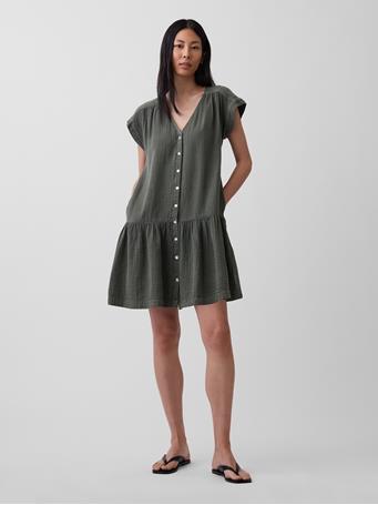 GAP - Cotton Gauze Drop-Waist Shirtdress MESCULEN GREEN