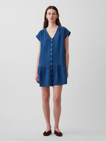 GAP - Cotton Gauze Denim Drop-Waist Mini Shirtdress MEDIUM WASH