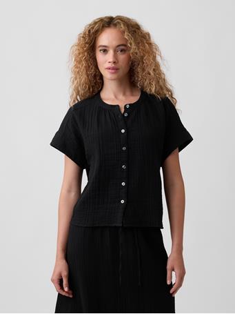 GAP - Relaxed Button-Up Gauze Top TRUE BLACK