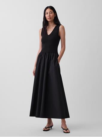GAP - Mixed Media Drop-Waist Maxi Dress TRUE BLACK V2